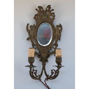 Antique Brass Wall Candle Electrical Sconce Art Nouveau Victorian Cherubs Tested